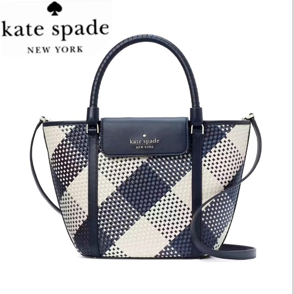 NWT KATE SPADE CRUISE GINGHAM MEDIUM TOTE BLAZER BLUE STRAW/LEATHER SHOULDER BAG - Picture 1 of 5